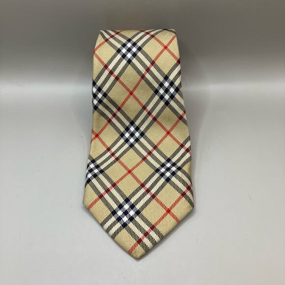 VTG Burberry Plaid Neck Tie Tan White All Silk Made in England Preppy Careerwear - Picture 1 of 10